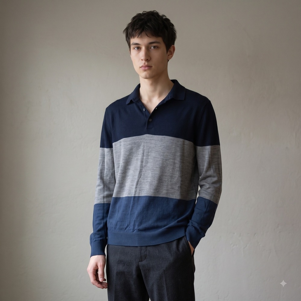 COS Mens Sweater Medium Blue Colorblock Wool Long Sleeve Polo Sweater Minimalist
